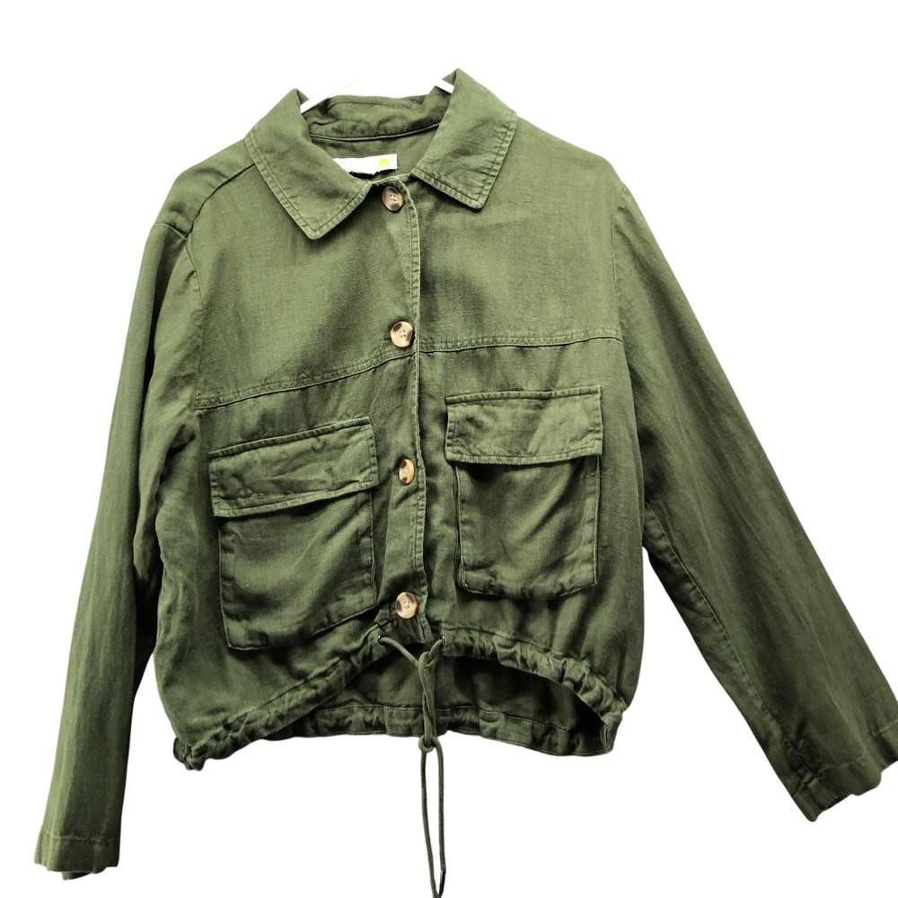 C&C California Linen Blend Utility Jacket Womens M Green Cargo Gorpcore